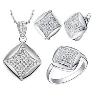 European Silver Plated Clear Cubic Zirconia Rectangle Womens Jewelry Set(Necklace,Ring,Earrings)