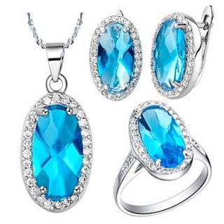European Silver Plated Blue And Clear Cubic Zirconia Oval Womens Jewelry Set(Necklace,Ring,Earrings)