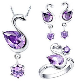 Cute Silver Plated Cubic Zirconia Swan Womens Jewelry Set(Necklace,Earrings,Ring)(Red,Purple)