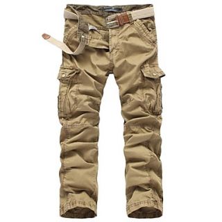 Mens Multi Pocket Solid Color Pants (Belt Not Included) 8322 Khaki