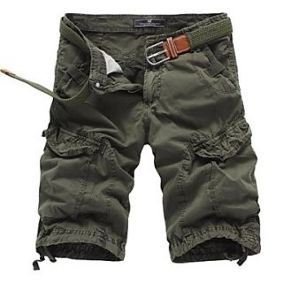 Mens Solid Color Multi Pocket Straight Shorts(without Belt) 3610 Army Green