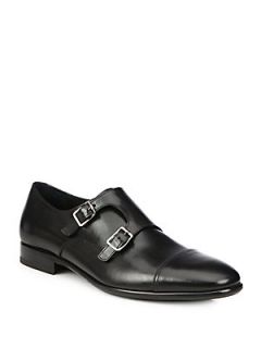 Salvatore Ferragamo Ponte Double Monk Strap Leather Dress Shoes   Black