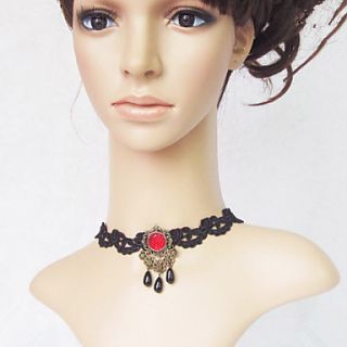Handmade Dark Queen Red Gemstone Gothic Lolita Necklace with Black Lace