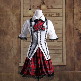 Puff Sleeve Blouse and Short Red Check Pattern Skirt School Lolita Outfit