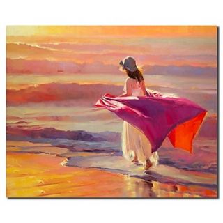 Hand Painted Oil Painting People Girl in Skirts Strolling Along The Beach with Stretched Frame