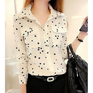 Womens Lapel Korean Style Fashion Star Print Double Pocket Long Sleeve Shirt
