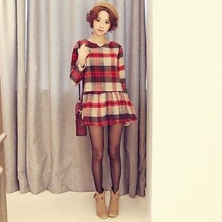 Womens Korean Style Check Lining Slim Perfect Match Woolen Dress