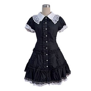 Short Sleeve Black Cotton Sweet Lolita Cosplay Dress with White Lace