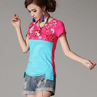 Womens Ethnic Embroidery Contrast Color Asymmetrical T shirt