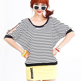 [Pashong] Womens Round Collar Stripes Cut Out Sleeve T Shirt