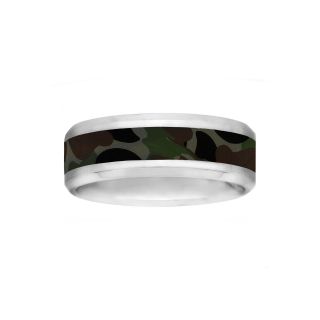 Mens 8mm Comfort Fit Stainless Steel Camouflage Wedding Band, White