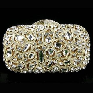 Fashion Ladies Hollow Design Gold Crystal Glass Metal Bridal Evening Purse