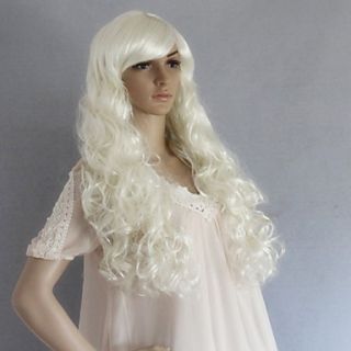White Long Synthetic Wavy Wig Side Bang