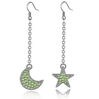 Xingzi Womens Charming Green Moon And Star Dangling Crystal Long Earrings