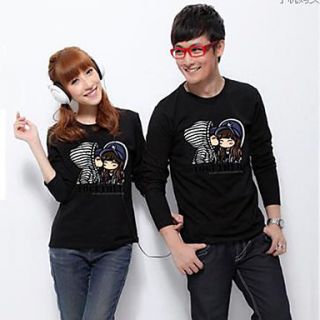 Aiyifang Casual Long Sleeve Print Lovers Shirt(Black)