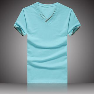 ARW Mens Leisure Solid Color Short Sleeve V Neck Light Blue Shirt