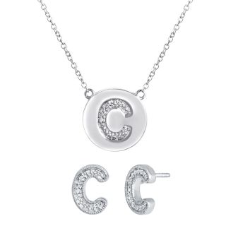 Diamond Addiction Silver Plated Initial C Diamond Accent Earrings& Pendant Set,