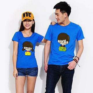 Aiyifang Casual Cartoon Print Lovers T Shirt(Dark Blue)
