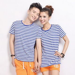 Aiyifang Casual Stripe Short Sleeve Lovers T Shirt(Blue)