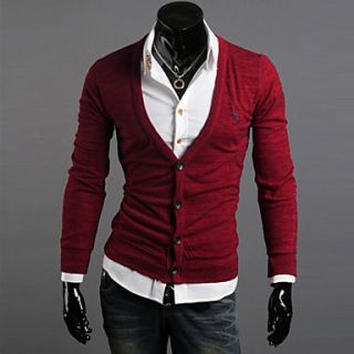 Cocollei mens classical Slim long sleeved deer embroidery knit cardigan (Wine)