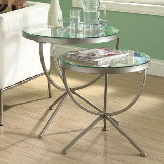 Monarch Round Satin Silver Nesting Tables with Tempered Glass   2 Piece Set   I
