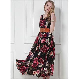 Swd Round Neck Floral Waisted Muti Colored Chiffon Dress Belt Included