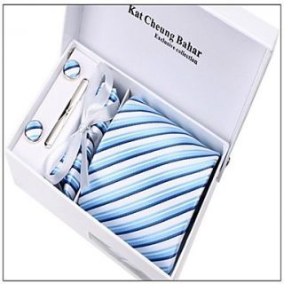 Mens Fashionable Blue White Striped Polyester Ties Set(breatpin random)