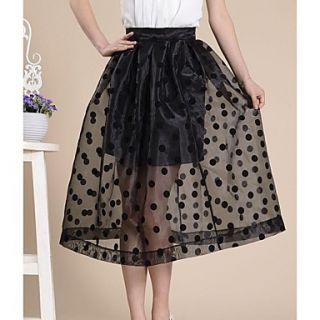 Womens Retro Organza Fabric High Waist Black Large Polka Dot Skirt