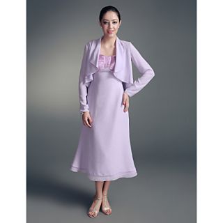 A line Straps Tea length Chiffon Stretch Satin Mother of the Bride Dress With A Wrap