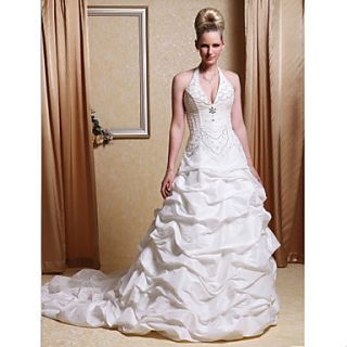 Ball Gown Halter Chapel Train Taffeta Pick up Wedding Dress