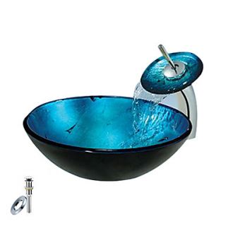 Blue Round Tempered glass Vessel Sink With Waterfall Faucet, Mounting Ring and Water Drain(0888 C BLY 6438 WF)