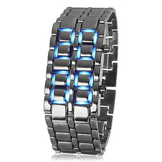 Mens Lava Style Blue LED Digital Silver Steel Wrist Watch