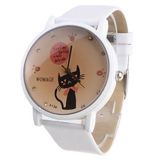 Girls Cartoon Cat Pattern White PU Band Quartz Analog Wrist Watch