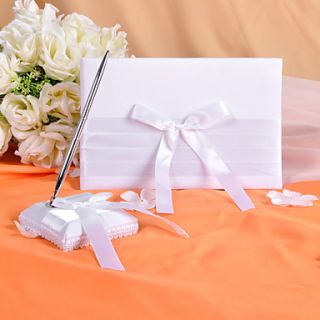 Pure White Guest Book And Pen Set With Ribbon Bow