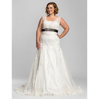 Plus Size Trumpet/Mermaid Straps Court Train Lace Wedding Dress (247262)