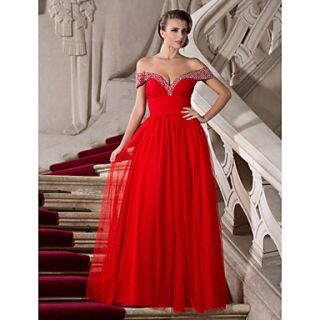 A line Off the shoulder Floor length Tulle And Chiffon Evening/Prom Dress