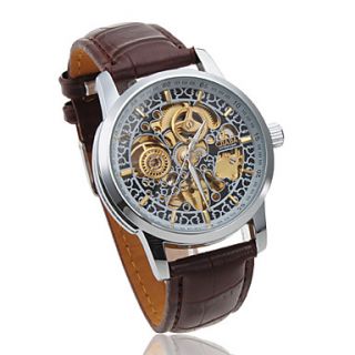 Mens Auto Mechanical Hollow Engraving Brown PU Band Wrist Watch