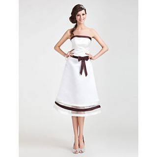 A line Strapless Tea length Satin And Organza Bridesmaid Dress