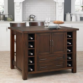 Cabin Creek Kitchen Island/ Breakfast Bar With Two Stools (ChestnutMaterials mahogany solids and veneersFinish Multi step chestnut Island dimensions 34.5 inches high x 48 inches wide x 25 inches deepStool dimensions 24 inches high x 18 inches wide x 2