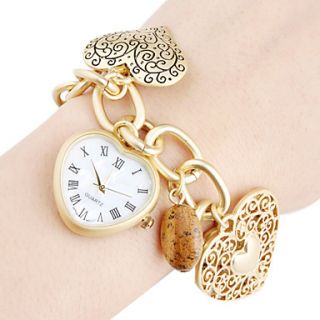 Womens Fashionable Sweet Heart Pendant Gold Alloy Quartz Bracelet Watch
