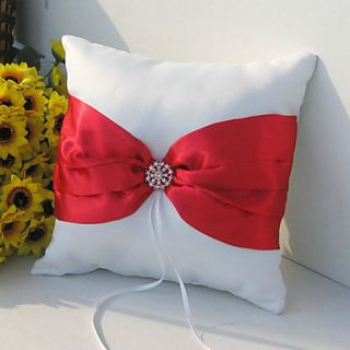 Ring Pillow In White Satin With Sash And Rhinestone Accent