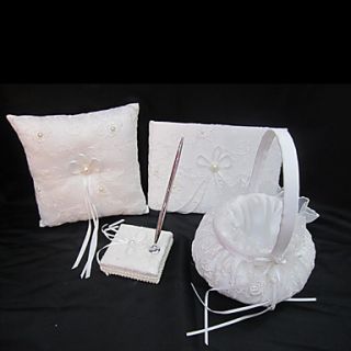 Wedding Collection Set In White Satin With Exquisite Embroidery Covery And Faux Pearl (4 Pieces)