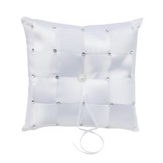 Check Design Wedding Ring Pillow In White Satin With Faux Peal And Rhinestones