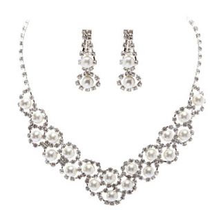 Rhinestone With Pearl Necklace And Earring Set