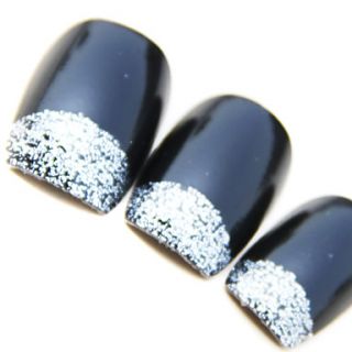French Black Background Short Style Nail Art Tips With Glue (24pcs)