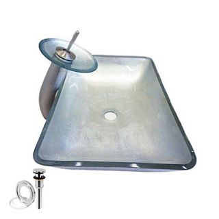 Rectangular Tempered Glass Vessel Sink With Waterfall Faucet ,Pop   Up drain and Mounting Ring