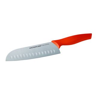 Rachael Ray Cutlery 7 inch Japanese Stainless Steel Santoku Knife With Orange Handle And Sheath (Stainless steel core with plastic and santoprene overmold Care instructions Hand wash onlyCrafted from top quality Japanese stainless steel for keen and long