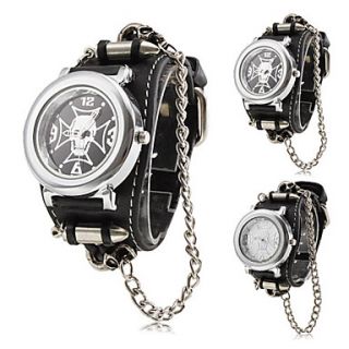 Mens Punk Style Skull Pattern Black PU Band Quartz Wrist Watch (Assorted Colors)