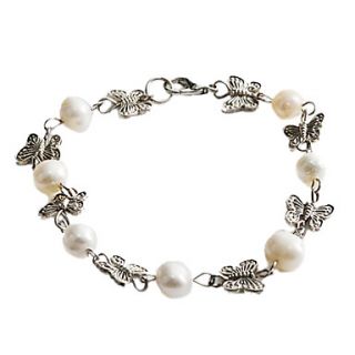 Womens Butterfly Shaped Silver Pearl Bracelet