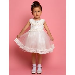A line Jewel Tea length Satin And Organza Flower Girl Dress With Flowers